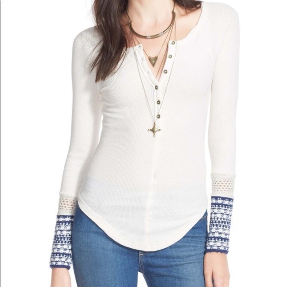 Free People Ski Lodge Cuff Thermal in Ivory/Blue (XS) - Picture 2 of 7